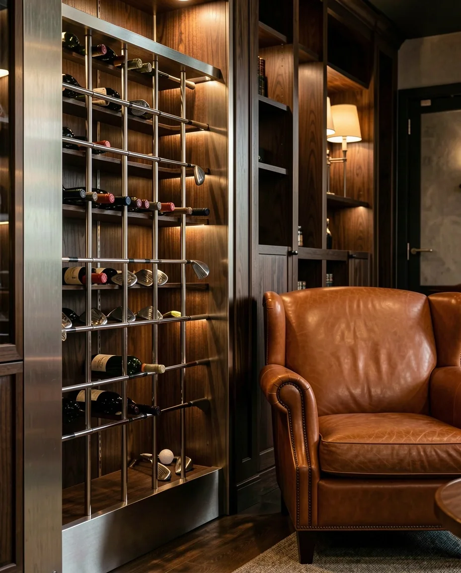 Dimly lit Poker Lounge with timber and velvet accents